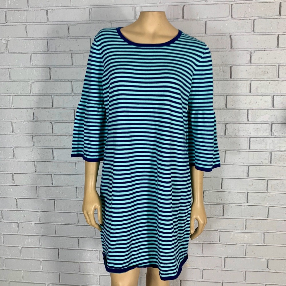 Sail to Sable Blue Striped Knit Shift Dress 3/4 Bell Sleeve Preppy Nautical XL